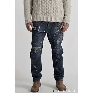 One Teaspoon Mens Blue Cowboy Relaxed Mr Golds Distressed Paint Splattered Jeans